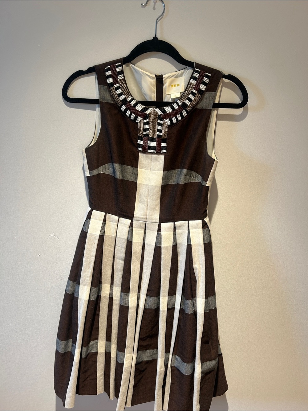 Maeve Brown and Cream Pleated Dress with Beaded Neckline